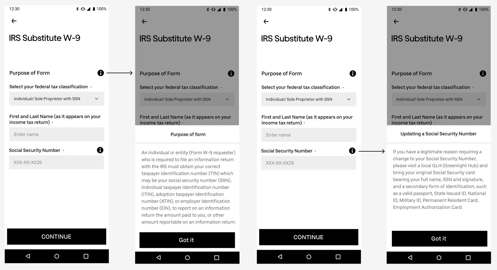 Uber W-9 tap states and contextual help