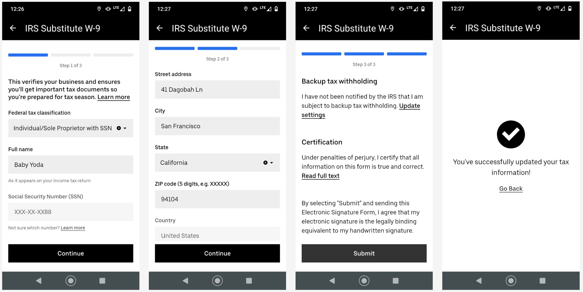 Uber W-9 3-step form flow