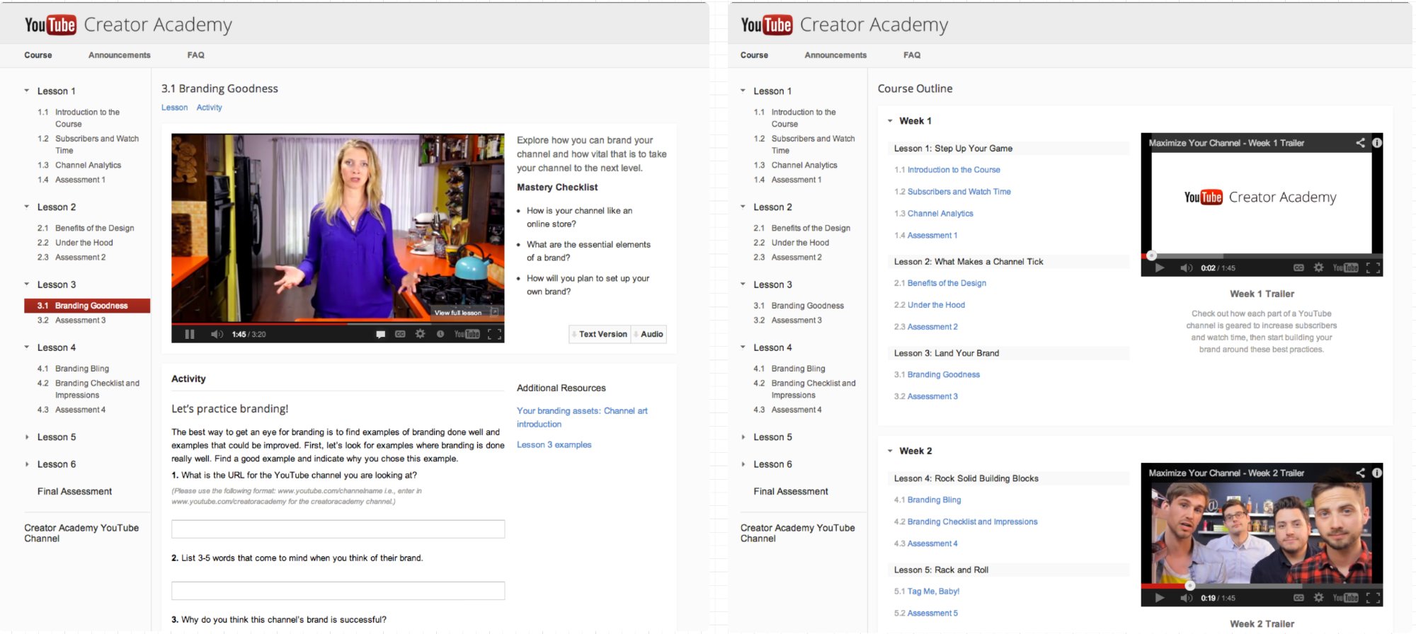 YouTube Creator Academy learning platform interface